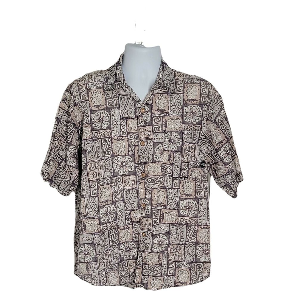 Island Men's Button Up Collared Hawaiian Shirt ~ Sz L ~ Short Sleeve ~ Beige